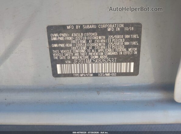 JF2GTAMC5K8262537 2019 SUBARU CROSSTREK Teal Շարժիչի բաժամունքի տեսք