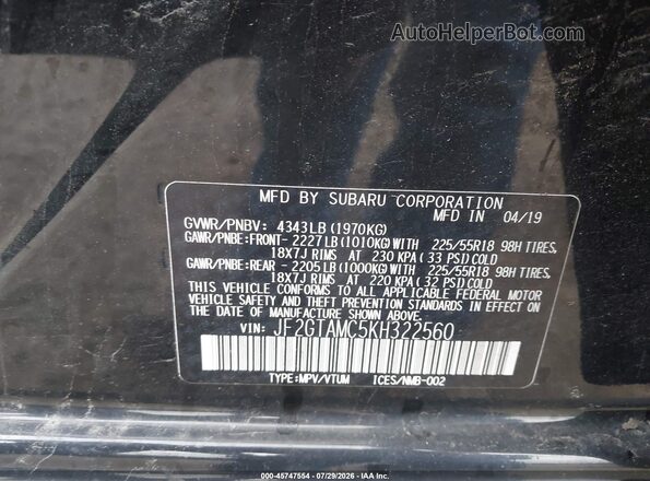 JF2GTAMC5KH322560 2019 SUBARU CROSSTREK Black Vista del compartimento del motor