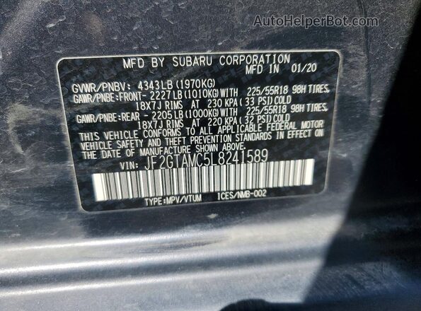 JF2GTAMC5L8241589 2020 SUBARU CROSSTREK Угольный Вид наклейки с VIN-кодом