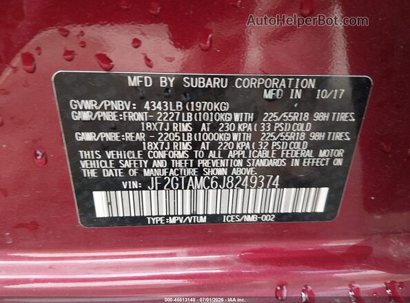 JF2GTAMC6J8249374 2018 SUBARU CROSSTREK Red Вид підкапотного простору