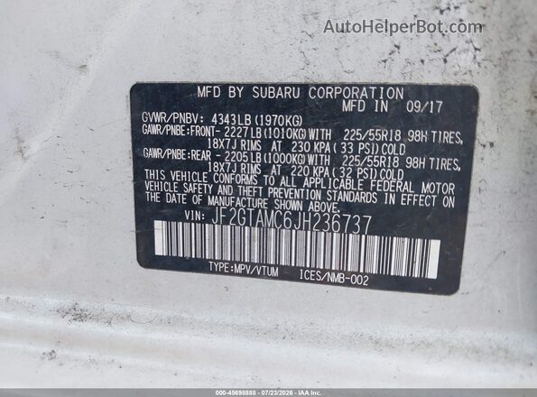 JF2GTAMC6JH236737 2018 SUBARU CROSSTREK White ძრავის განყოფილების ხედი