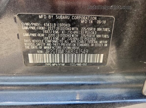 JF2GTAMC6K8241549 2019 SUBARU CROSSTREK Gray VIN կոդի պիտակի տեսք