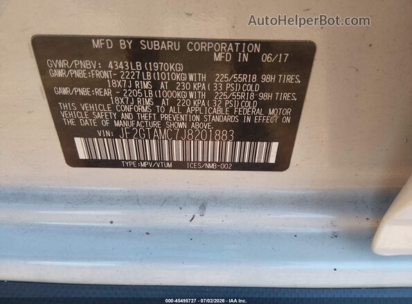 JF2GTAMC7J8201883 2018 SUBARU CROSSTREK White Vista del compartimento del motor
