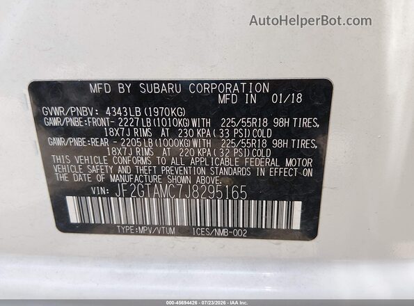 JF2GTAMC7J8295165 2018 SUBARU CROSSTREK White Widok komory silnika