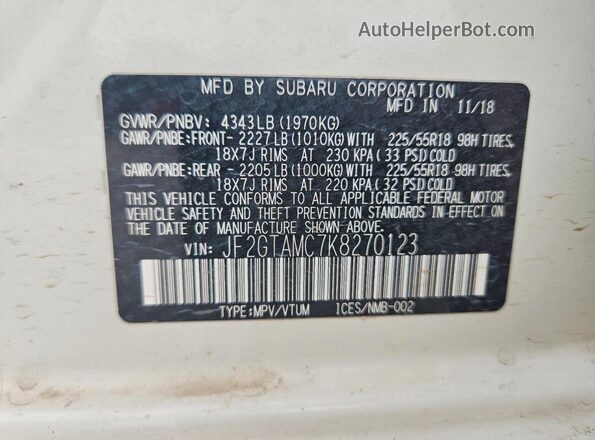 JF2GTAMC7K8270123 2019 SUBARU CROSSTREK White ძრავის განყოფილების ხედი