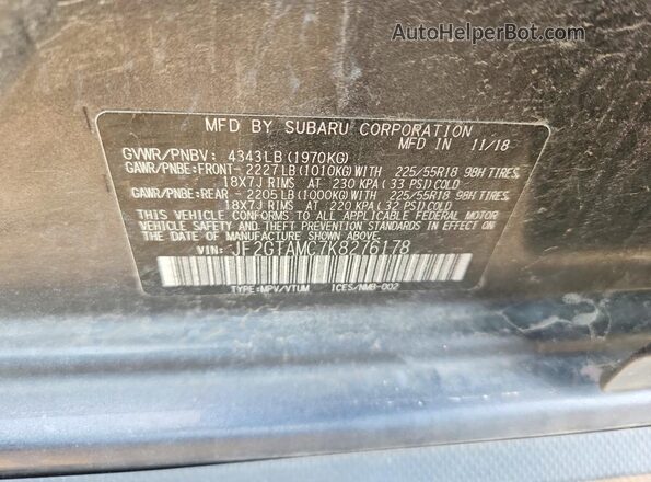 JF2GTAMC7K8276178 2019 SUBARU CROSSTREK Charcoal Widok naklejki z numerem VIN