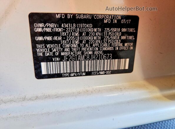 JF2GTAMC8JH210673 2018 SUBARU CROSSTREK White Սալոնի 360 աստիճան տեսք