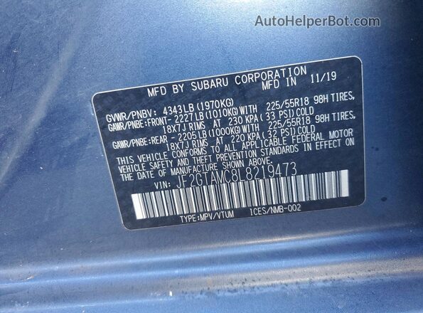 JF2GTAMC8L8219473 2020 SUBARU CROSSTREK Blue Engine compartment view