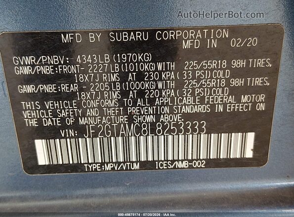 JF2GTAMC8L8253333 2020 SUBARU CROSSTREK Blue ძრავის განყოფილების ხედი