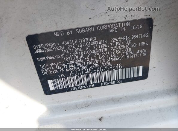 JF2GTAMC9K8258846 2019 SUBARU CROSSTREK White ძრავის განყოფილების ხედი