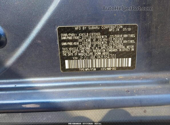 JF2GTAMC9K8364701 2019 SUBARU CROSSTREK Blue Vista del compartimento del motor