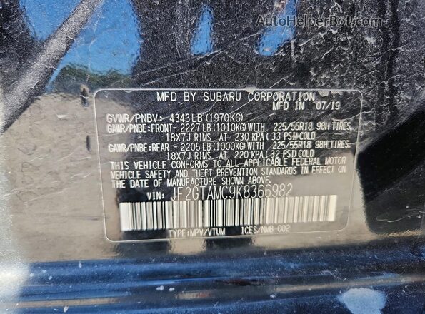 JF2GTAMC9K8366982 2019 SUBARU CROSSTREK Black VIN კოდის სტიკერის ხედი