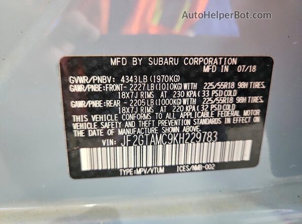 JF2GTAMC9KH229783 2019 SUBARU CROSSTREK Синий Вид наклейки с VIN-кодом