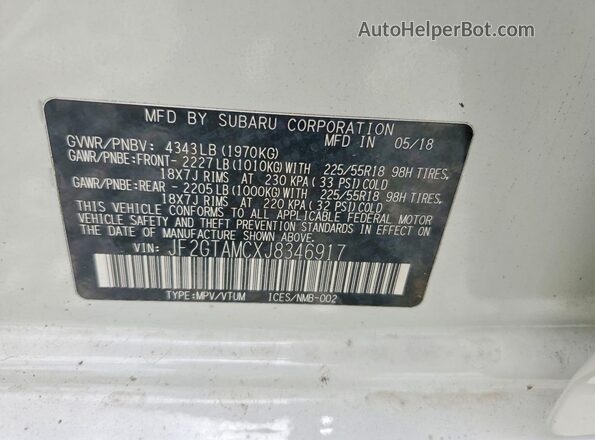 JF2GTAMCXJ8346917 2018 SUBARU CROSSTREK Белый Вид наклейки с VIN-кодом