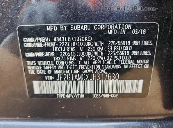 JF2GTAMCXJH317630 2018 SUBARU CROSSTREK Gray Панорамний вид салону 360°