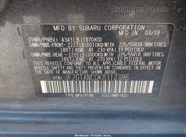 JF2GTANC0K8312386 2019 SUBARU CROSSTREK Gray Engine compartment view