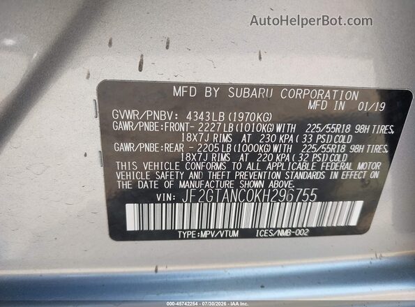 JF2GTANC0KH296755 2019 SUBARU CROSSTREK Silver Շարժիչի բաժամունքի տեսք