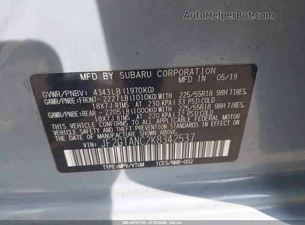 JF2GTANC2K8342537 2019 SUBARU CROSSTREK Light Blue Engine compartment view