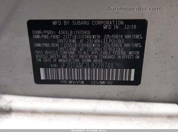 JF2GTANC2L8228748 2020 SUBARU CROSSTREK White Engine compartment view