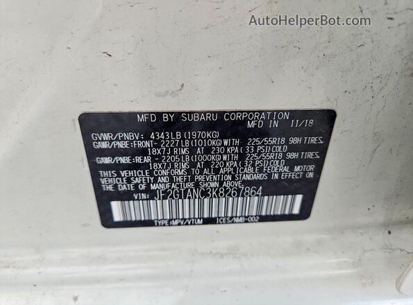 JF2GTANC3K8267864 2019 SUBARU CROSSTREK White ძრავის განყოფილების ხედი