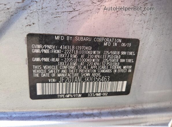 JF2GTANC3KH356463 2019 SUBARU CROSSTREK Silver VIN sticker view