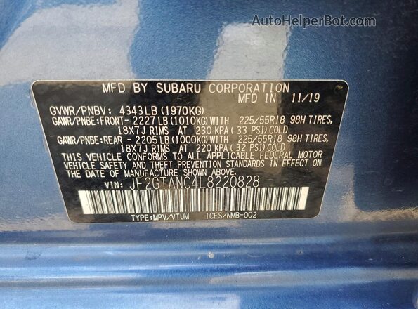 JF2GTANC4L8220828 2020 SUBARU CROSSTREK Blue Vista de la etiqueta del VIN