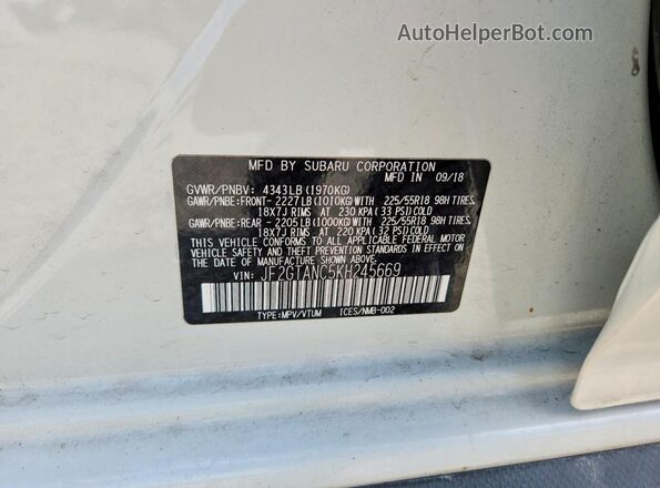 JF2GTANC5KH245669 2019 SUBARU CROSSTREK White Widok komory silnika