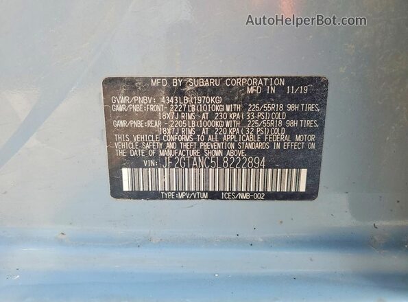 JF2GTANC5L8222894 2020 SUBARU CROSSTREK Blue Vista del compartimento del motor