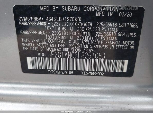 JF2GTANC5L8251053 2020 SUBARU CROSSTREK Gray ძრავის განყოფილების ხედი
