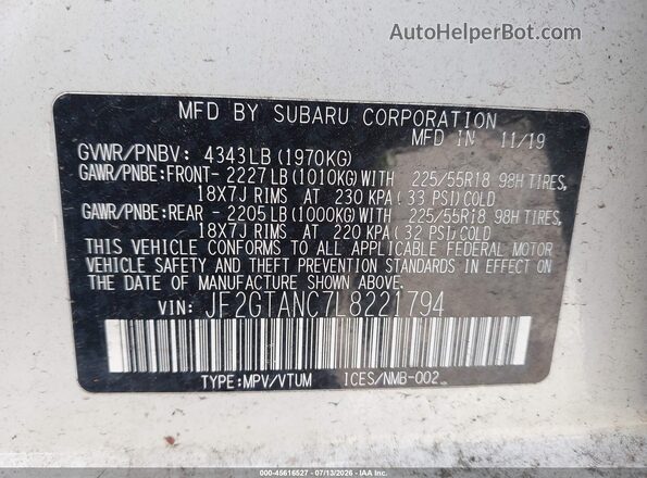 JF2GTANC7L8221794 2020 SUBARU CROSSTREK White Engine compartment view