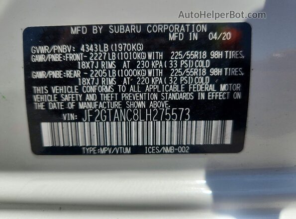JF2GTANC8LH275573 2020 SUBARU CROSSTREK White Вид наклейки з VIN-кодом