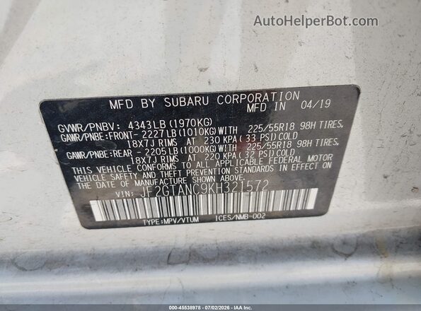 JF2GTANC9KH321572 2019 SUBARU CROSSTREK White Vista del compartimento del motor