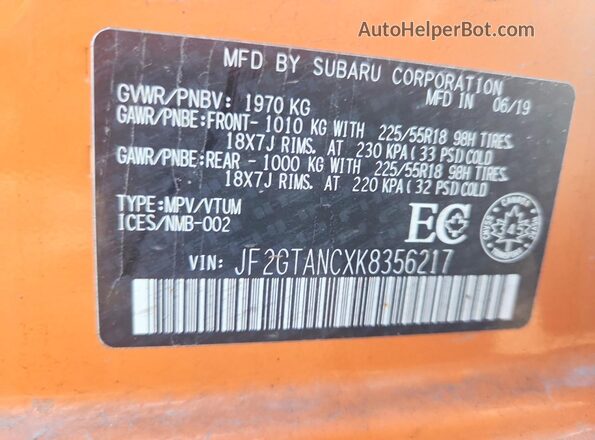 JF2GTANCXK8356217 2019 SUBARU CROSSTREK Оранжевый Вид подкапотного пространства