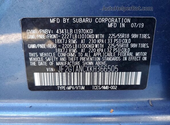 JF2GTANCXKH366505 2019 SUBARU CROSSTREK Синий Вид подкапотного пространства