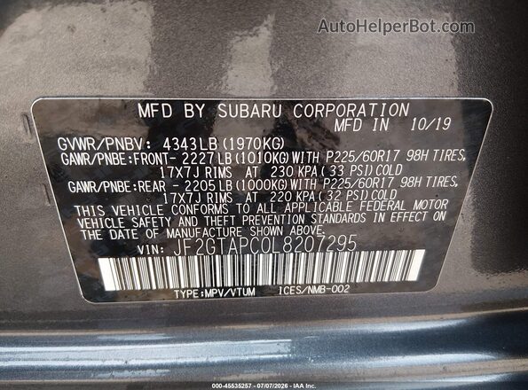 JF2GTAPC0L8207295 2020 SUBARU CROSSTREK Gray ძრავის განყოფილების ხედი