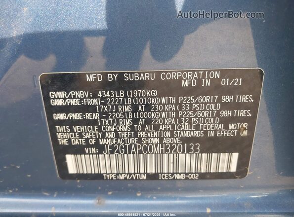 JF2GTAPC0MH320133 2021 SUBARU CROSSTREK Синий Вид подкапотного пространства