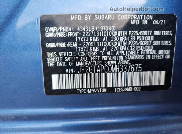 JF2GTAPC0MH337675 2021 SUBARU CROSSTREK Blue Вид наклейки з VIN-кодом
