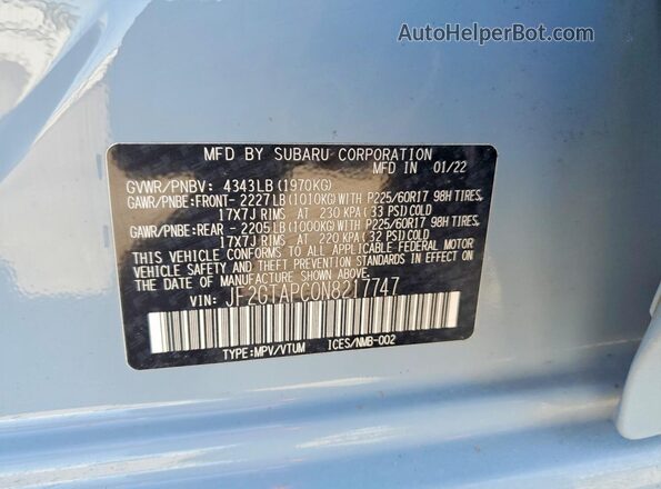 JF2GTAPC0N8217747 2022 SUBARU CROSSTREK Blue Vista del compartimento del motor