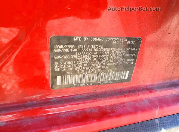 JF2GTAPC0N8235309 2022 SUBARU CROSSTREK Red VIN կոդի պիտակի տեսք