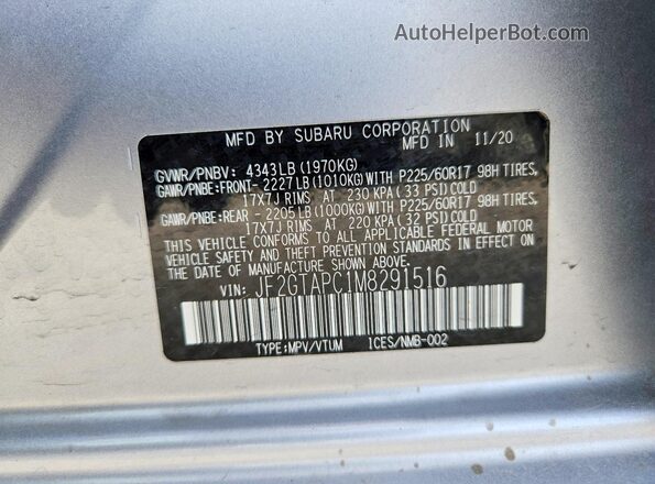 JF2GTAPC1M8291516 2021 SUBARU CROSSTREK Silver Вид наклейки з VIN-кодом