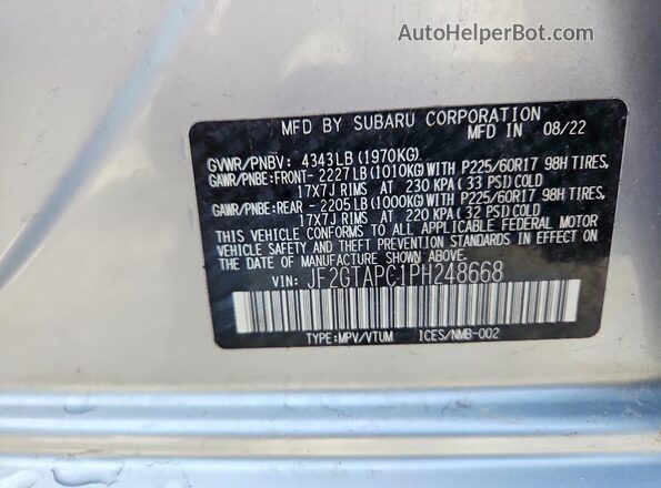 JF2GTAPC1PH248668 2023 SUBARU CROSSTREK Серебряный Вид наклейки с VIN-кодом