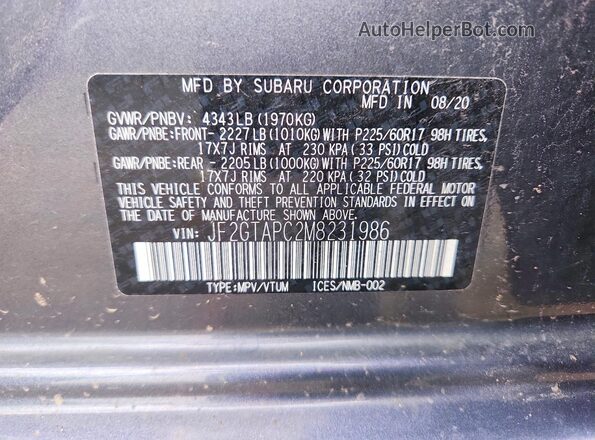 JF2GTAPC2M8231986 2021 SUBARU CROSSTREK Gray VIN sticker view