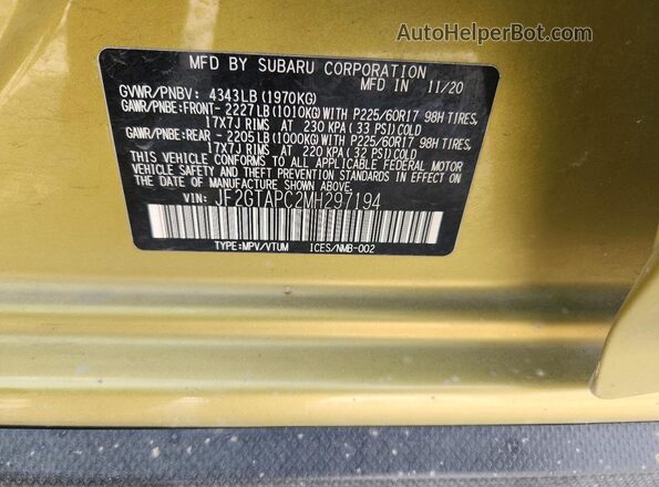 JF2GTAPC2MH297194 2021 SUBARU CROSSTREK Зеленый Вид подкапотного пространства