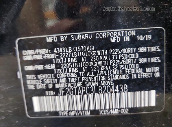 JF2GTAPC3L8204438 2020 SUBARU CROSSTREK Black Widok naklejki z numerem VIN
