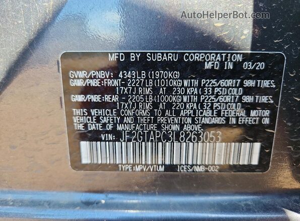 JF2GTAPC3L8263053 2020 SUBARU CROSSTREK Gray VIN კოდის სტიკერის ხედი