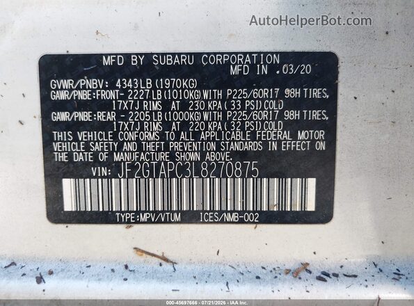 JF2GTAPC3L8270875 2020 SUBARU CROSSTREK White Շարժիչի բաժամունքի տեսք