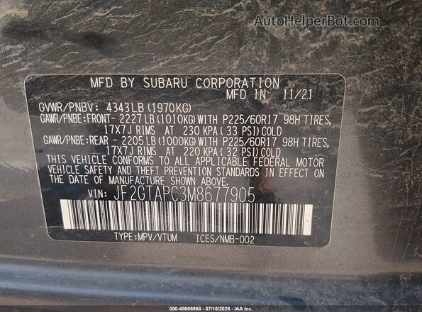 JF2GTAPC3M8677905 2021 SUBARU CROSSTREK Green Engine compartment view