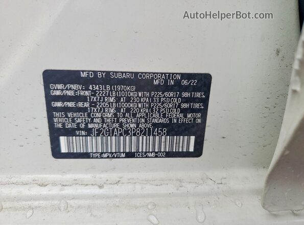 JF2GTAPC3P8211458 2023 SUBARU CROSSTREK White VIN კოდის სტიკერის ხედი