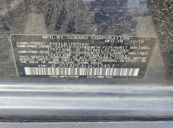 JF2GTAPC4LH232457 2020 SUBARU CROSSTREK Charcoal VIN კოდის სტიკერის ხედი