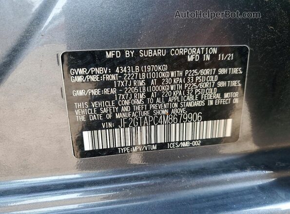JF2GTAPC4M8679906 2021 SUBARU CROSSTREK Gray Панорамний вид салону 360°